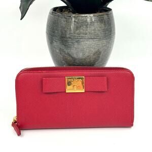 Prada Saffiano Bow Zip Around Continental Red‎ Wallet GHW